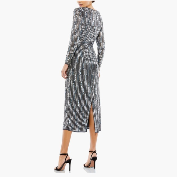 NWT Mac Duggal Midi Sequined Embellished High Neck Long Sleeve Fitted Dress - Picture 3 of 7